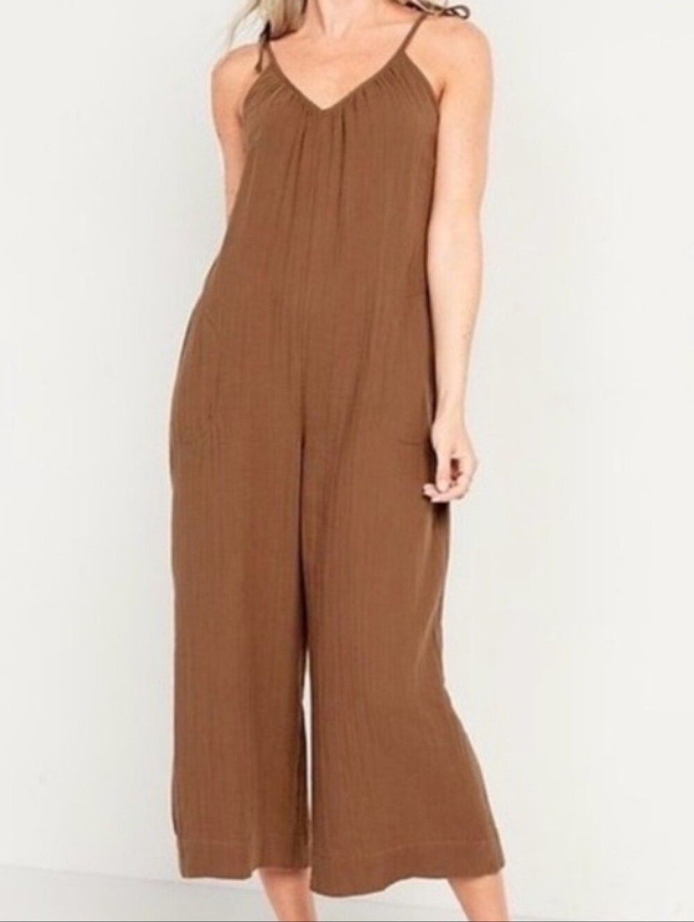 Old Navy Loose Cropped Tie Shoulder Vneck Cami Wide Leg Brown Jumpsuit  L